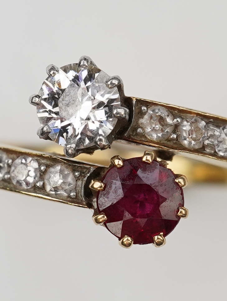 A ruby and diamond 'toi-et-moi' ring, early 20th century